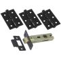 76mm - Ball Bearing Fire Door Hinges 451 And Tubular Latch Pack - Matt Black - 1 1/2 Pair