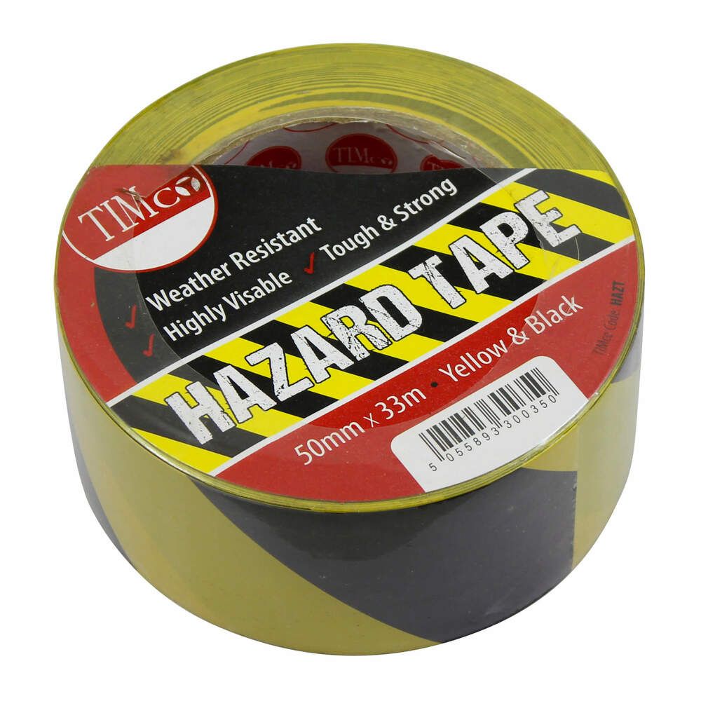 50mm x 33mtr - Hazard Warning Tape - Black/Yellow