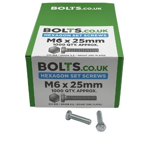 M6 x 25mm - Hexagon Set Screw DIN 933 Grade 8.8 - BZP - Industry Pack of 1000