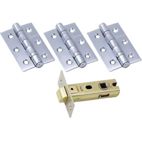 76mm - Ball Bearing Fire Door Hinges 451 And Tubular Latch Pack - Polished Chrome - 1 1/2 Pair