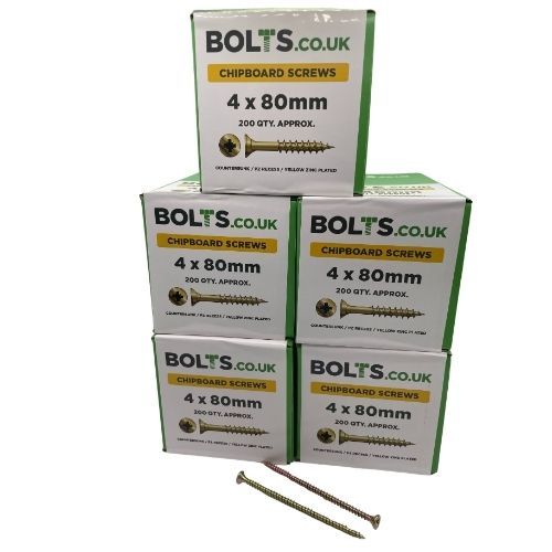 4mm x 80mm - Chipboard Woodscrew Hardened Pozidrive Countersunk - YBZP - Bolts Industry Pack of 1000