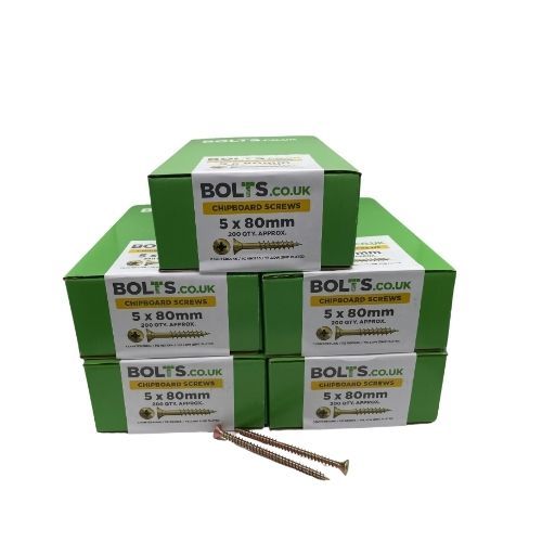 5mm x 80mm - Chipboard Woodscrew Hardened Pozidrive Countersunk - YBZP - Bolts Industry Pack of 1000