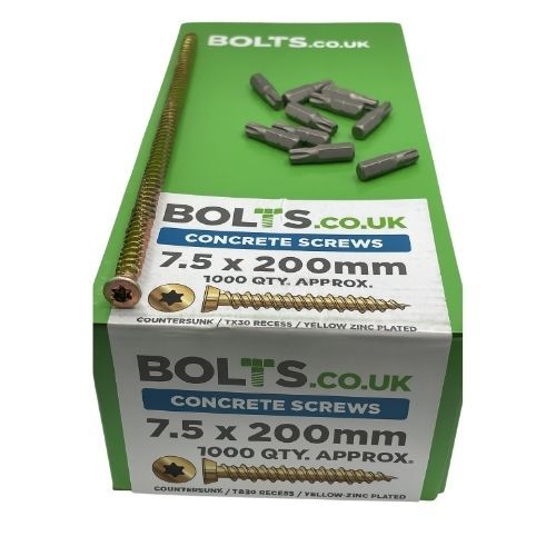 7.5mm x 200mm - Concrete Screws - Includes 10 TX30 Bits - Industry Pack of 1000