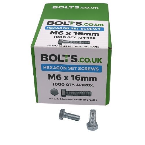 M6 x 16mm - Hexagon Set Screw DIN 933 Grade 8.8 - BZP - Industry Pack of 1000