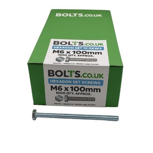 M6 x 100mm - Hexagon Set Screw DIN 933 Grade 8.8 - BZP - Industry Pack of 1000
