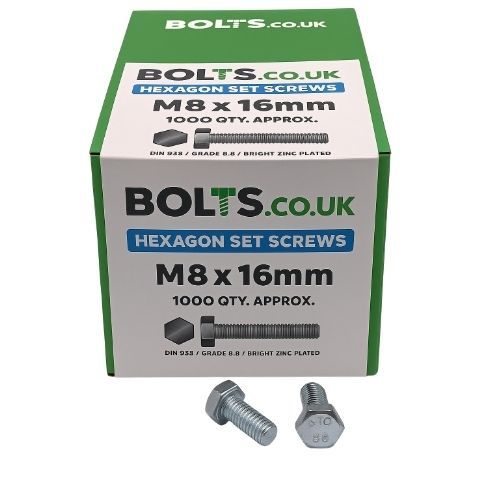 M8 x 16mm - Hexagon Set Screw DIN 933 Grade 8.8 - BZP - Industry Pack of 1000