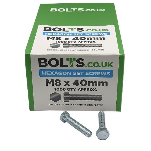 M8 x 40mm - Hexagon Set Screw DIN 933 Grade 8.8 - BZP - Industry Pack of 1000