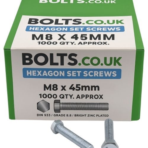 M8 x 45mm - Hexagon Set Screw DIN 933 Grade 8.8 - BZP - Industry Pack of 1000