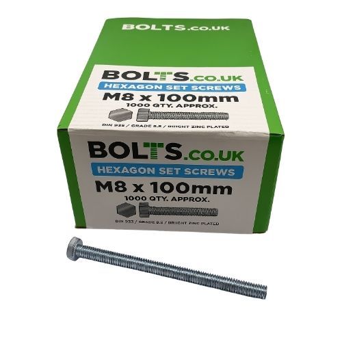 M8 x 100mm - Hexagon Set Screw DIN 933 Grade 8.8 - BZP - Industry Pack of 1000