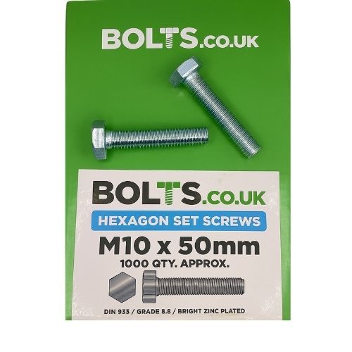 M10 x 50mm - Hexagon Set Screw DIN 933 Grade 8.8 - BZP - Industry Pack of 1000