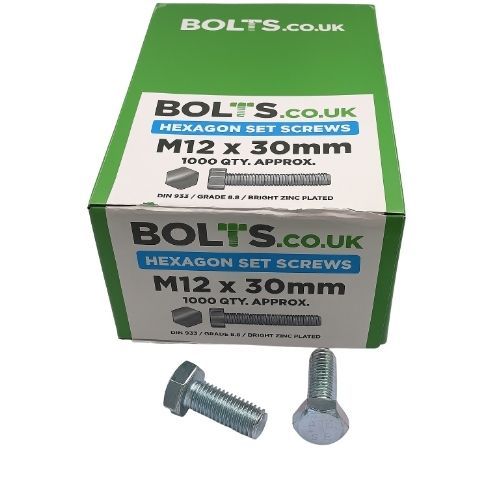 M12 x 30mm - Hexagon Set Screw DIN 933 Grade 8.8 - BZP - Industry Pack of 1000
