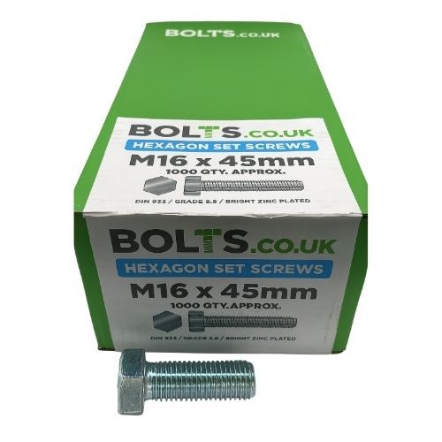 M16 x 45mm - Hexagon Set Screw DIN 933 Grade 8.8 - BZP - Industry Pack of 1000