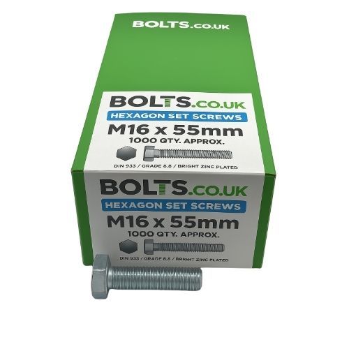 M16 x 55mm - Hexagon Set Screw DIN 933 Grade 8.8 - BZP - Industry Pack of 1000