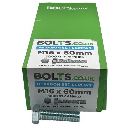 M16 x 60mm - Hexagon Set Screw DIN 933 Grade 8.8 - BZP - Industry Pack of 1000