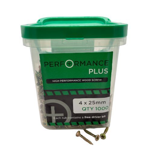 4mm x 25mm - Samac Performance Plus Woodscrew Pozidrive Countersunk - YBZP - Tub of 1000