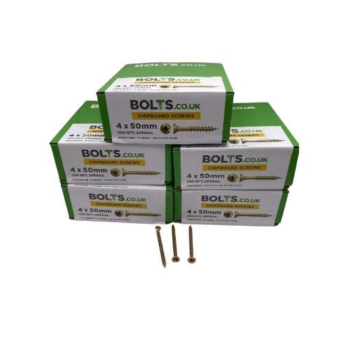 4mm x 50mm - Chipboard Woodscrew Hardened Pozidrive Countersunk - YBZP - Bolts Industry Pack of 1000